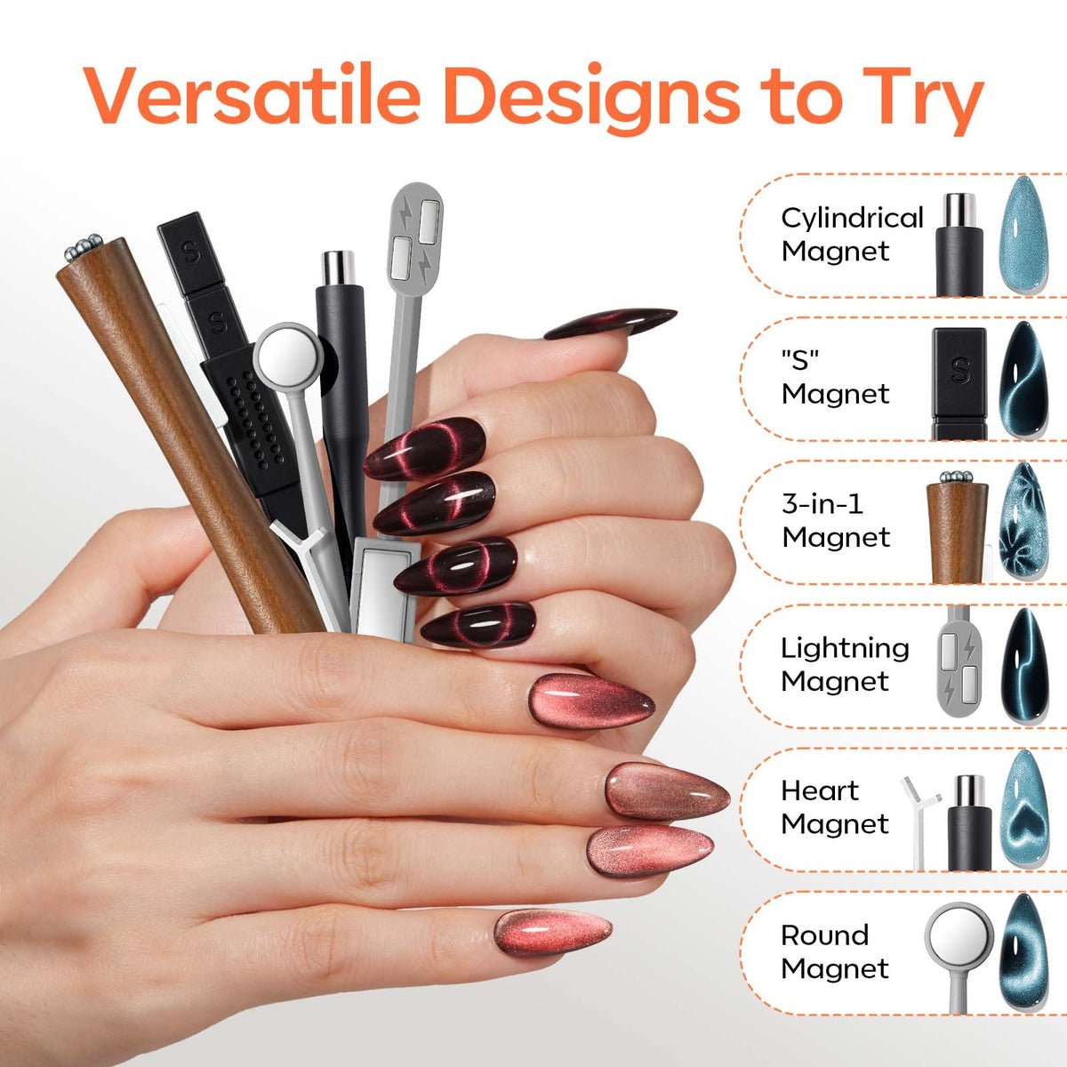 Nail art design featuring cat eye effects