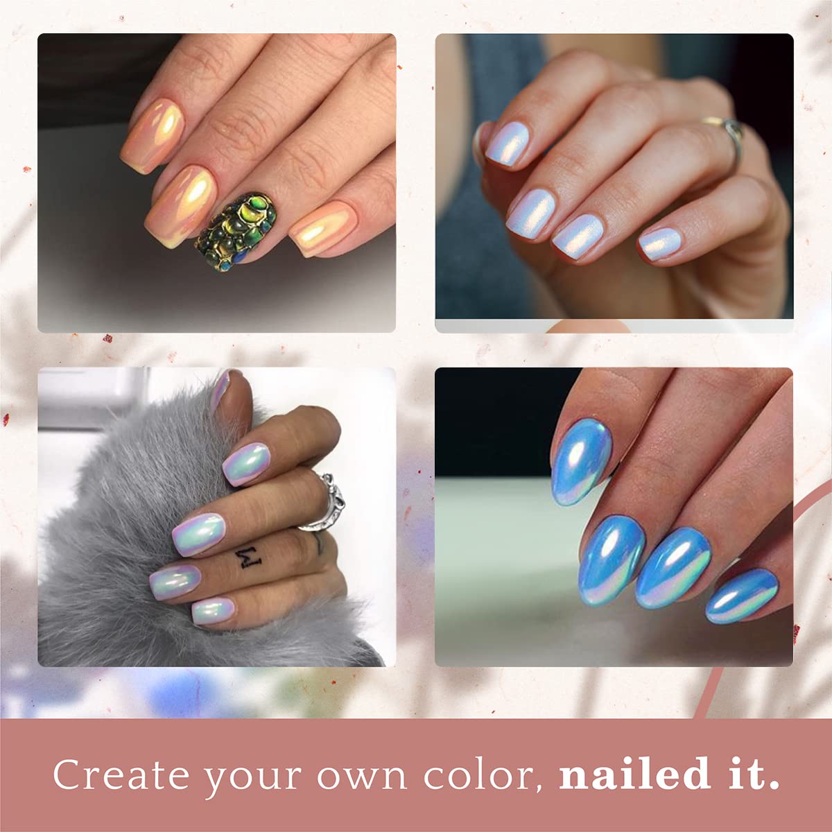 Nail art design showcasing multi-chrome effect with powder