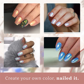 Nail art design showcasing multi-chrome effect with powder
