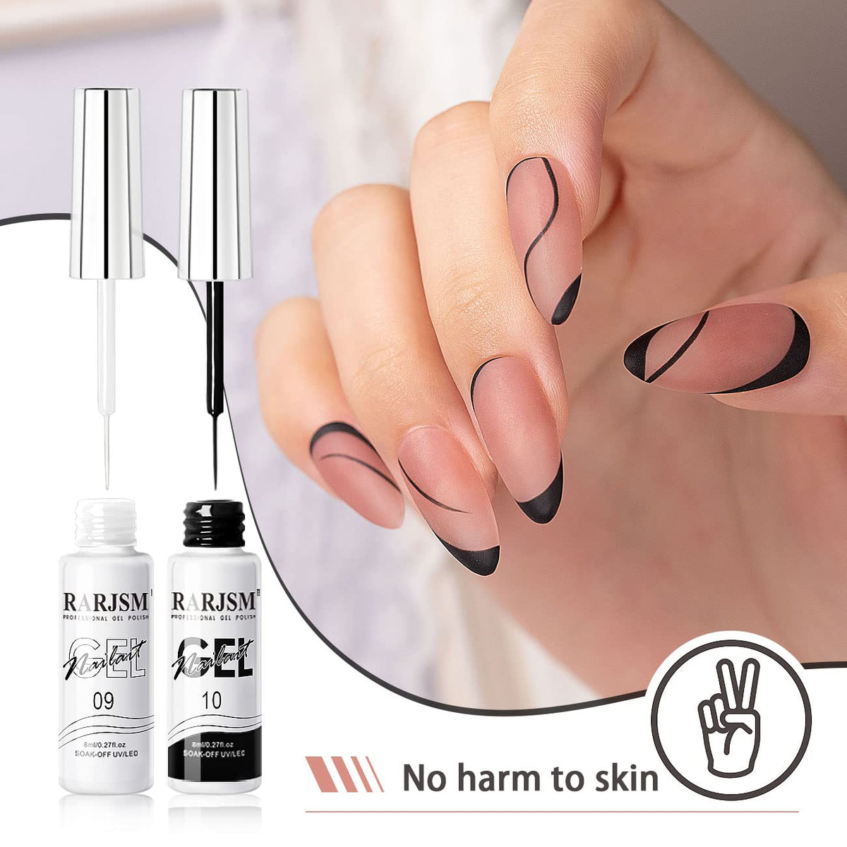 Nail art design using RARJSM black and white gel