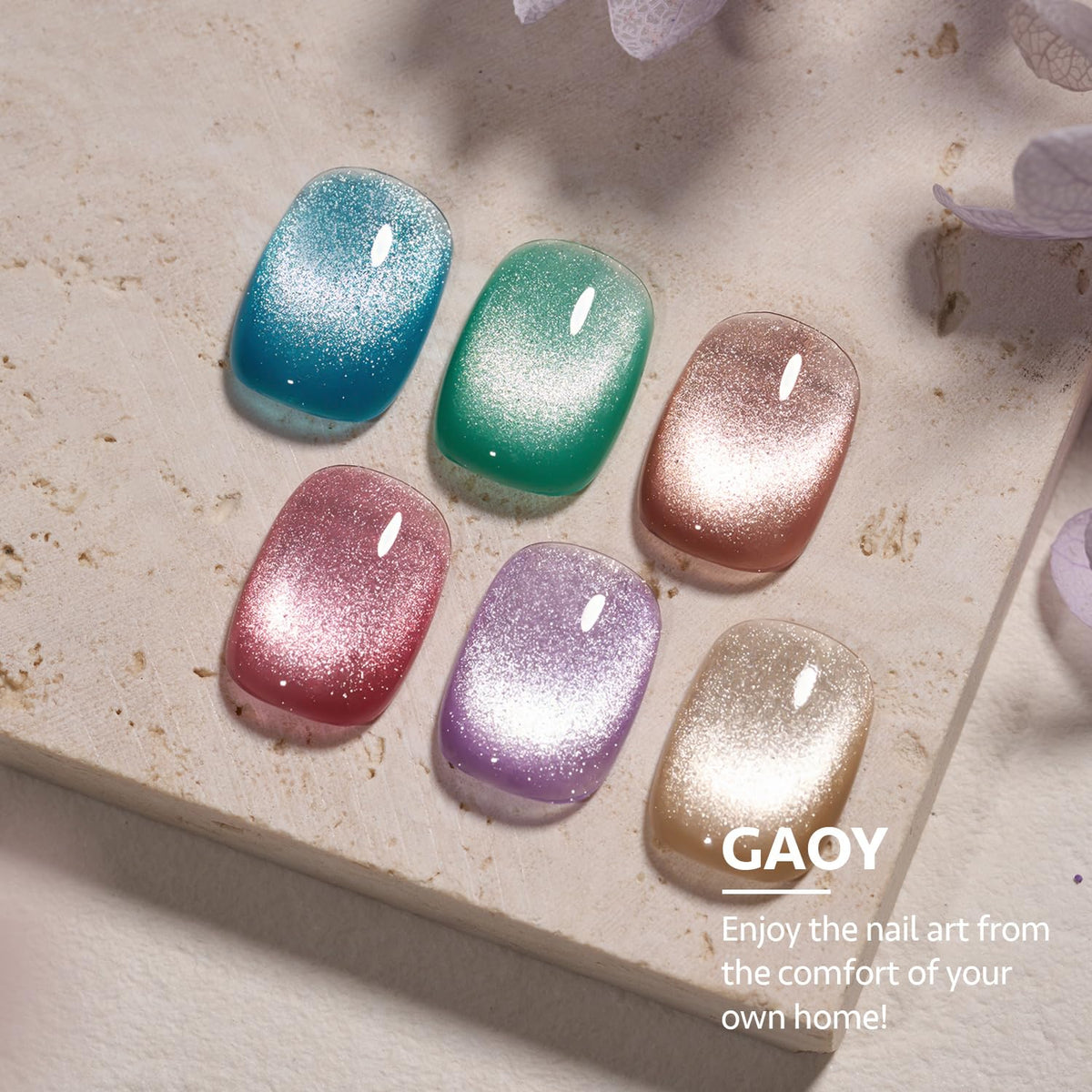 Nail art designs created with GAOY Glitter Cat Eye Gel Nail Polish