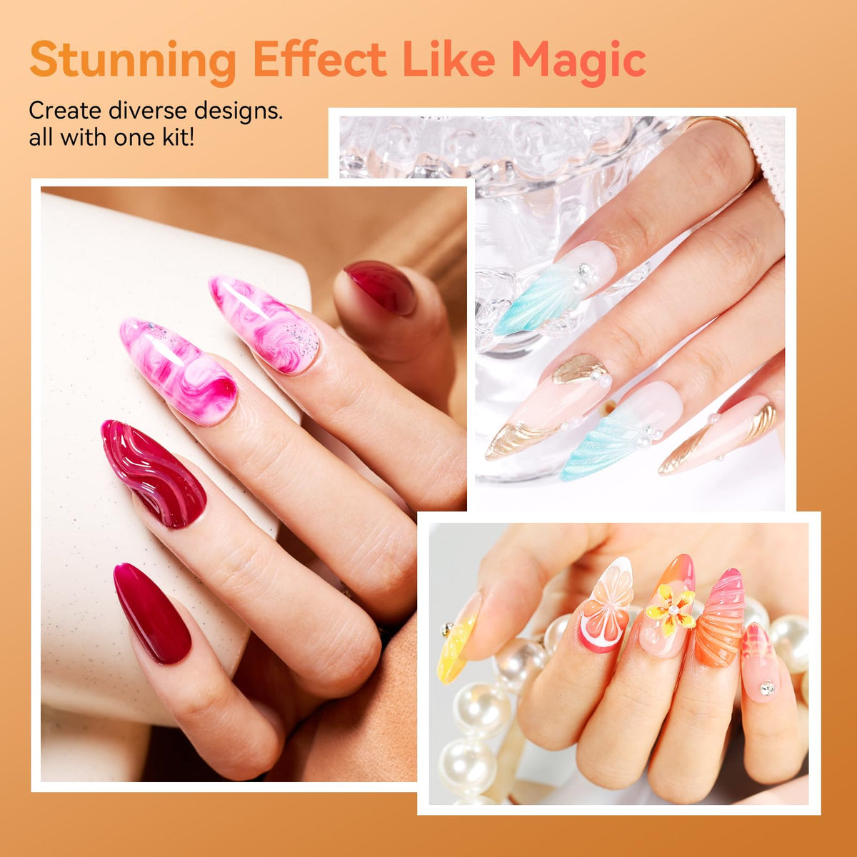 Nail art featuring gems and floral designs using 3D Gel