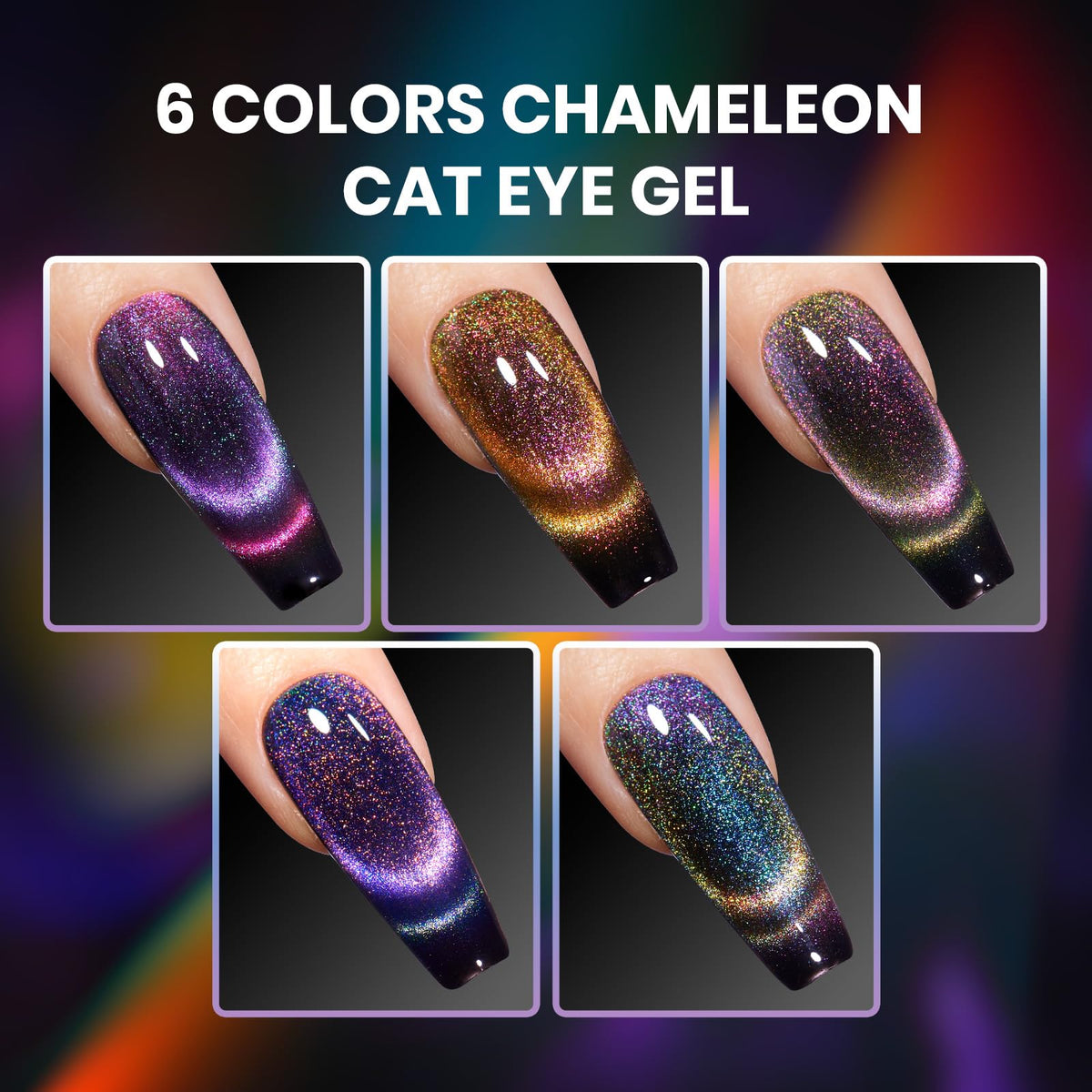 Nail art showcasing beetles Cat Eye Gel Polish in different lighting
