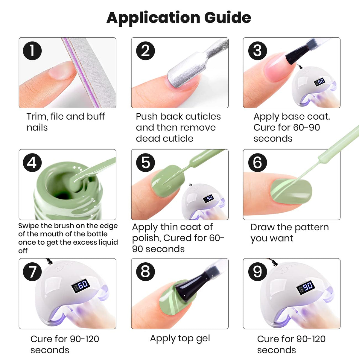 Nail art tools alongside RARJSM pastel green gel polish
