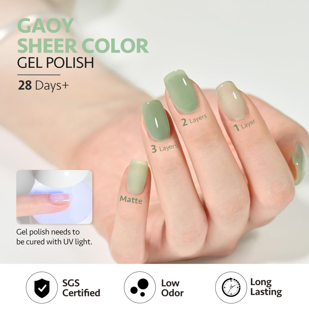 Nail art using GAOY jelly green gel polish in progress