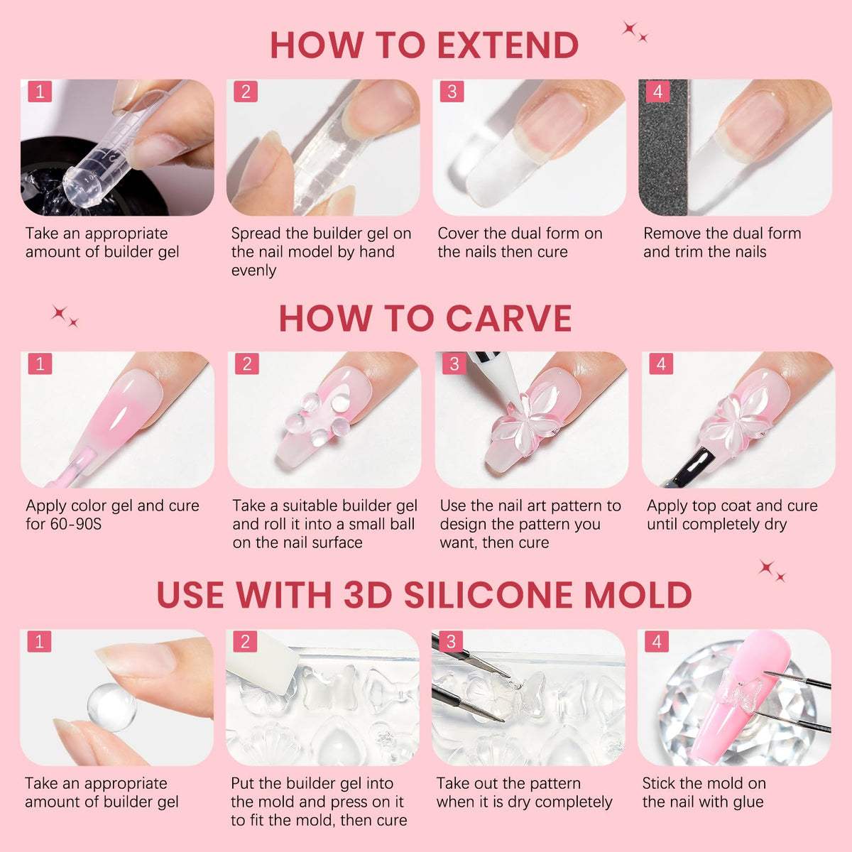 Nail extend molds included in SUPWEE 3D Gel Nail Art Sculpture set