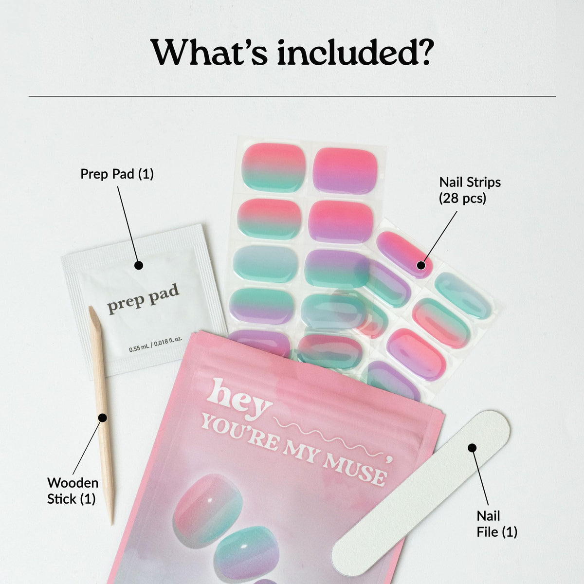 Nail file and wooden stick included in the heyhae nail strip package
