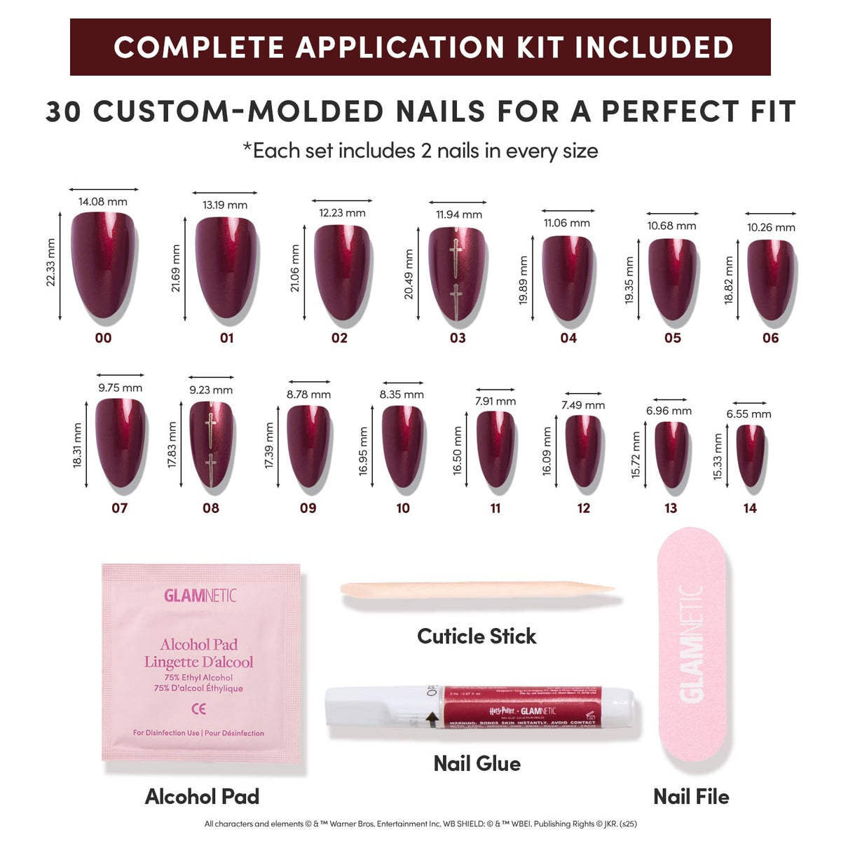 Nail glue and double-sided nail file included in the kit