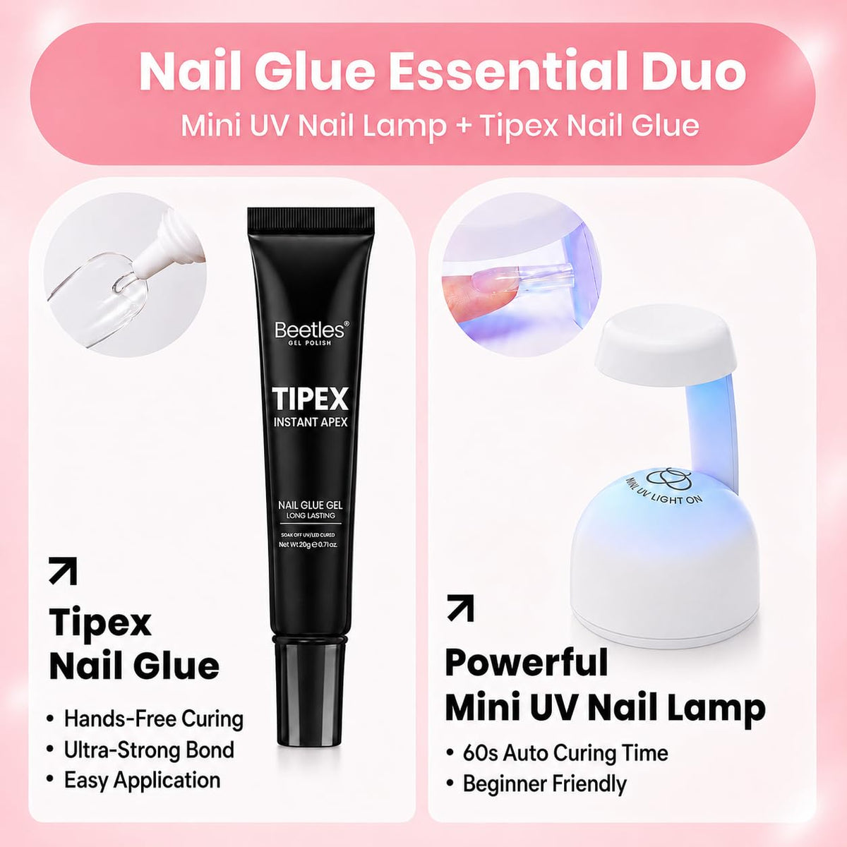 nail tips from beetles Gel Polish displayed with tools included in the kit