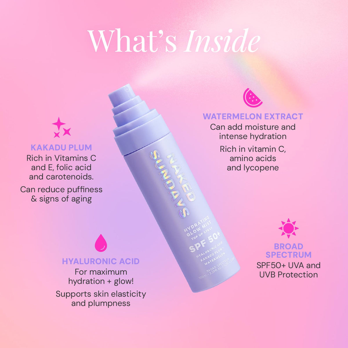 Naked Sundays Hydrating Glow Sunscreen Mist SPF 50 with mist spray