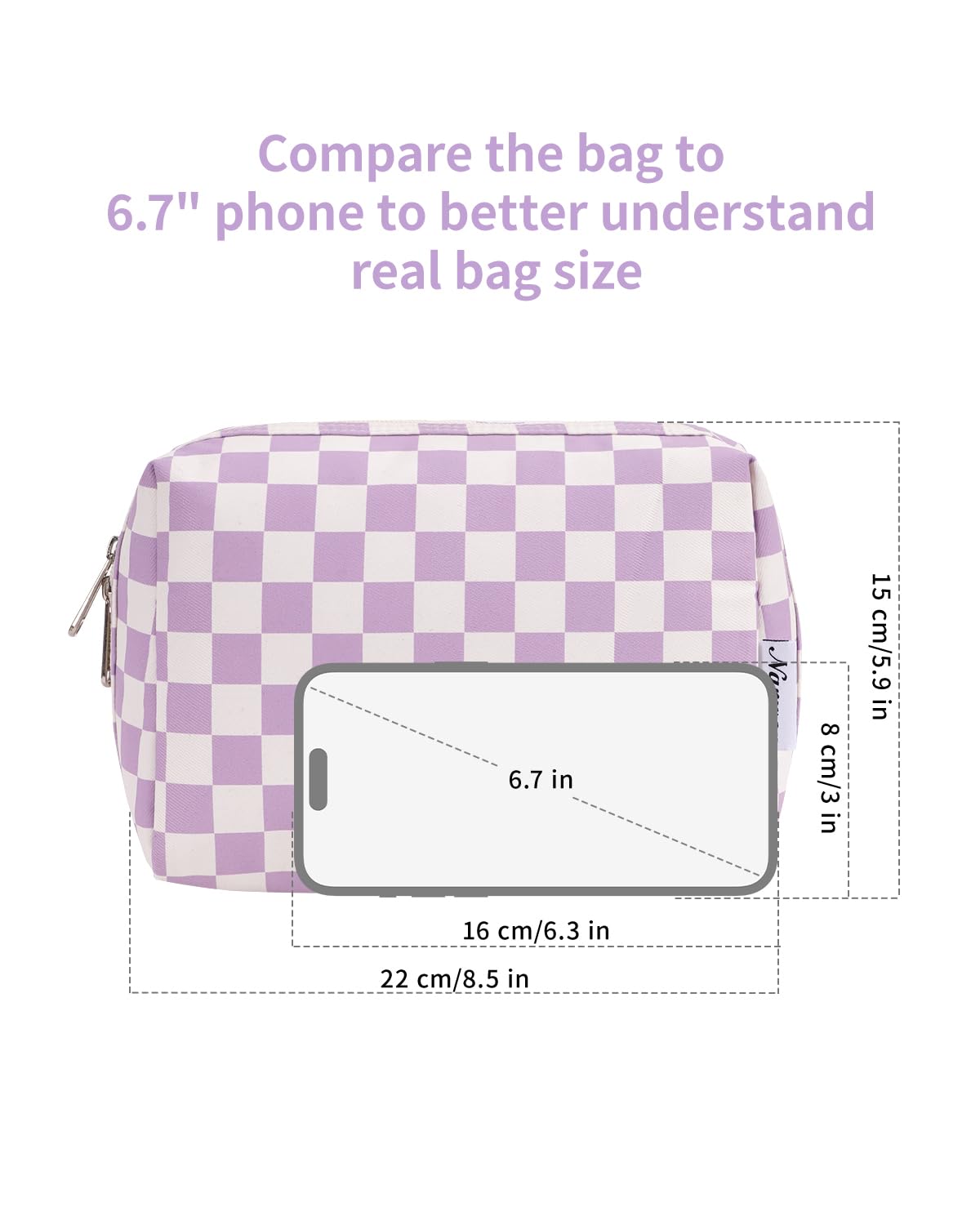 Narwey Checkered Makeup Bag dimensions displayed