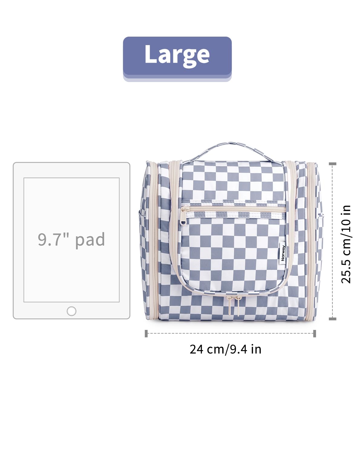 Narwey Checkered Toiletry Bag in lifestyle setting with cosmetics