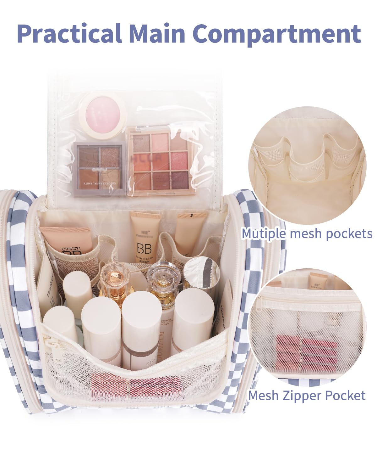 Narwey Checkered Toiletry Bag showing internal organization with mesh pockets