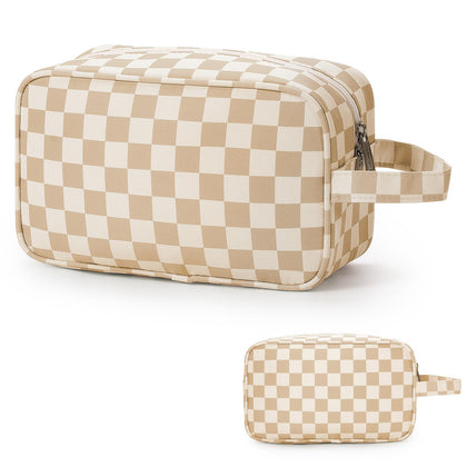 Narwey Checkered Travel Toiletry Bag front view in light brown