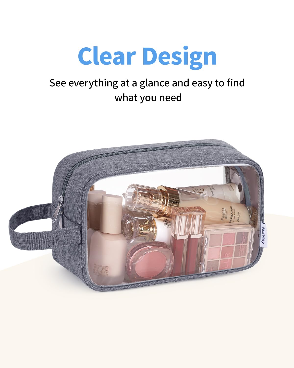 Narwey Clear Travel Toiletry Bag side view showing zipper