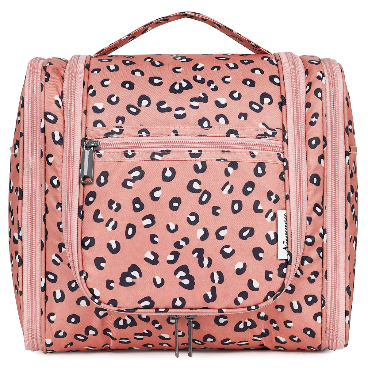 Narwey Hanging Cheetah Toiletry Bag front view in orange leopard pattern