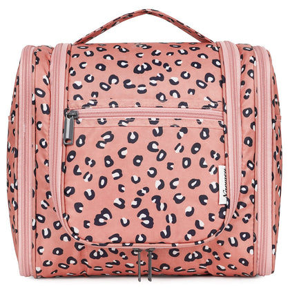 Narwey Hanging Cheetah Toiletry Bag front view in orange leopard pattern