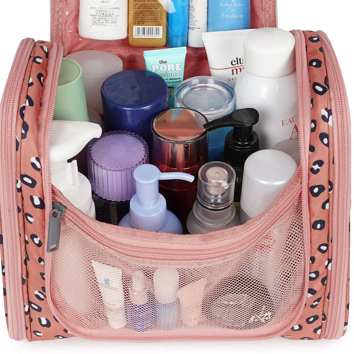 Narwey Hanging Cheetah Toiletry Bag hanging from a hook with toiletries displayed