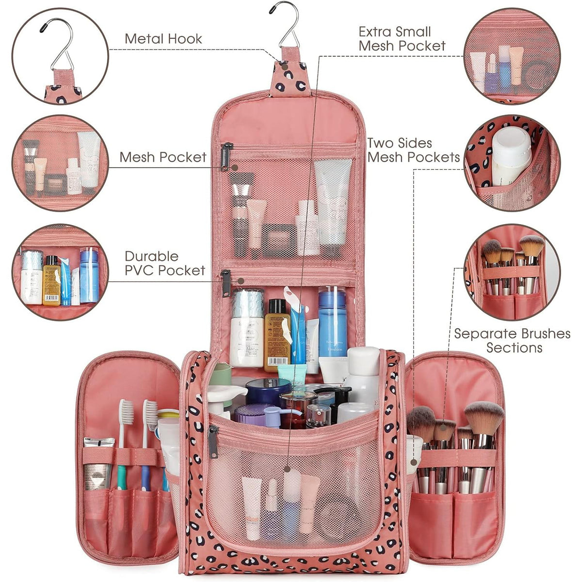 Narwey Hanging Cheetah Toiletry Bag in use at a bathroom counter