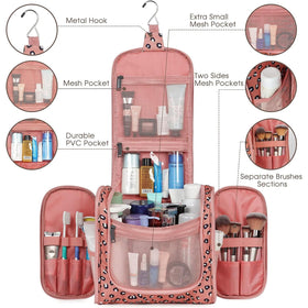 Narwey Hanging Cheetah Toiletry Bag in use at a bathroom counter
