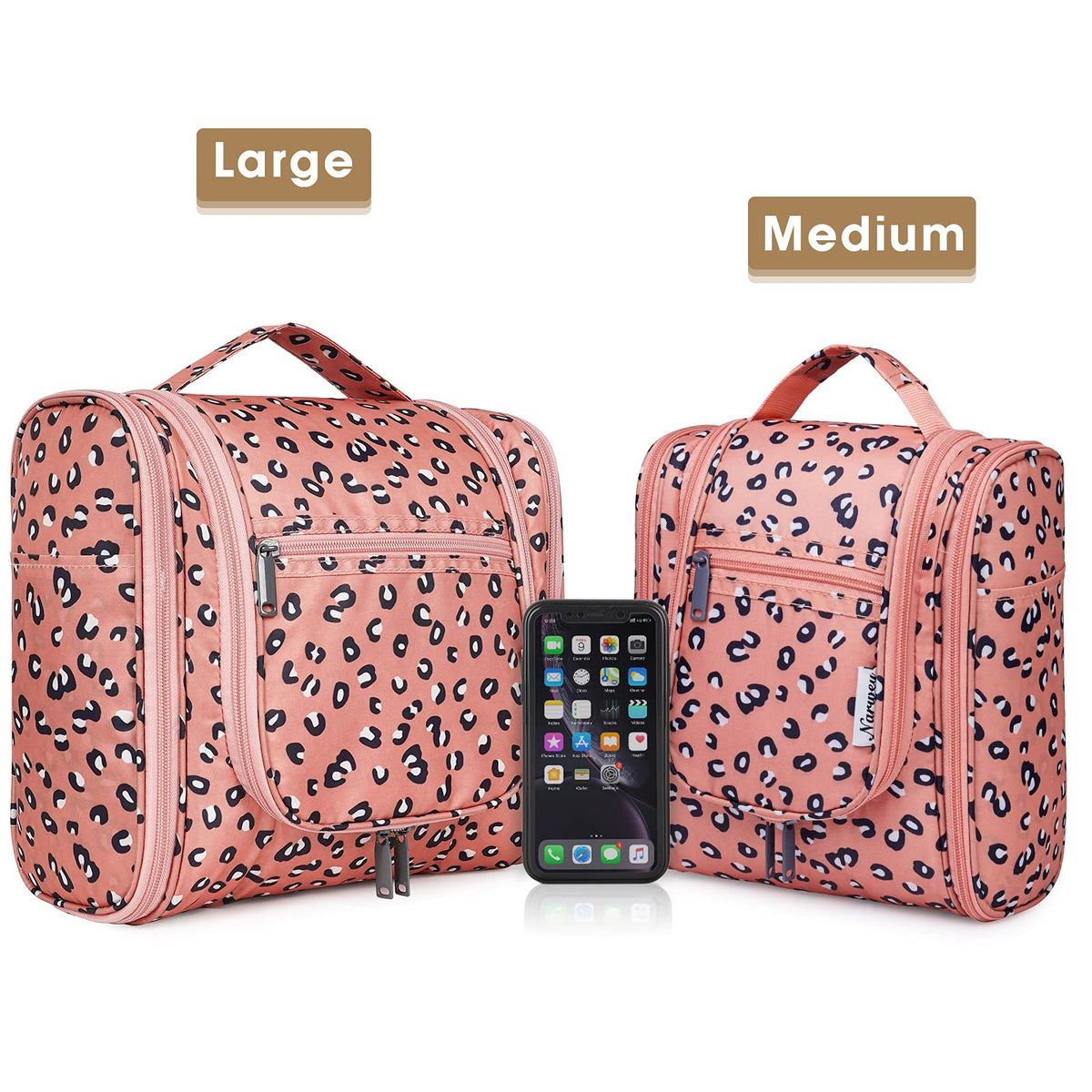 Narwey Hanging Cheetah Toiletry Bag opened showing multiple pockets