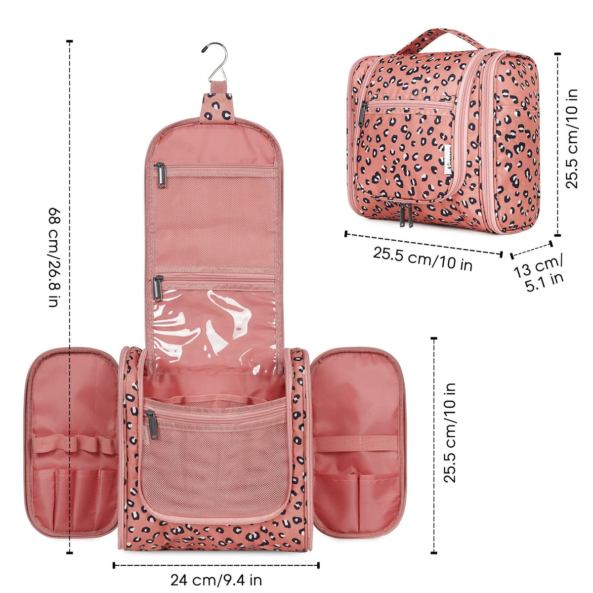 Narwey Hanging Cheetah Toiletry Bag showing water-resistant fabric