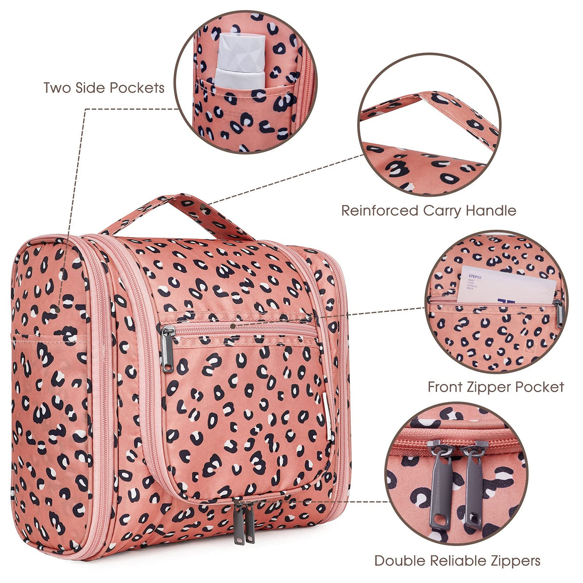 Narwey Hanging Cheetah Toiletry Bag side view with zipper pockets