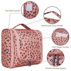 Narwey Hanging Cheetah Toiletry Bag side view with zipper pockets