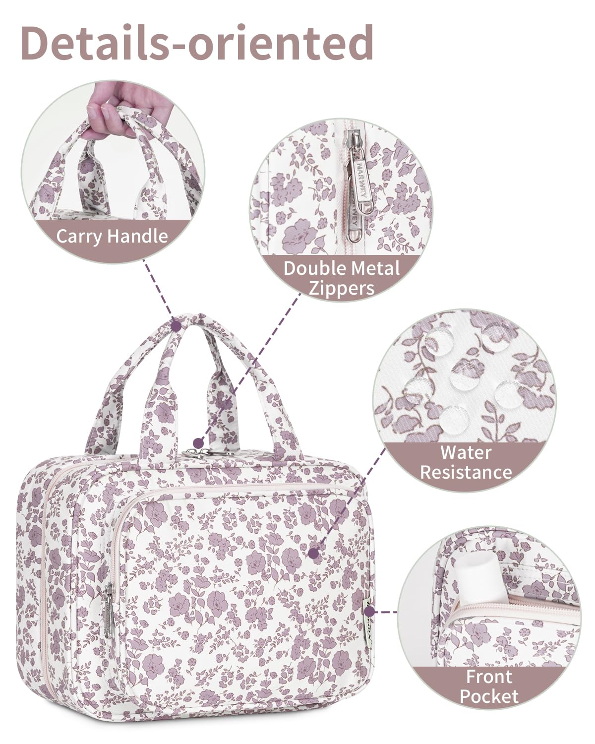Narwey Hanging Floral Toiletry Bag compact design on a table