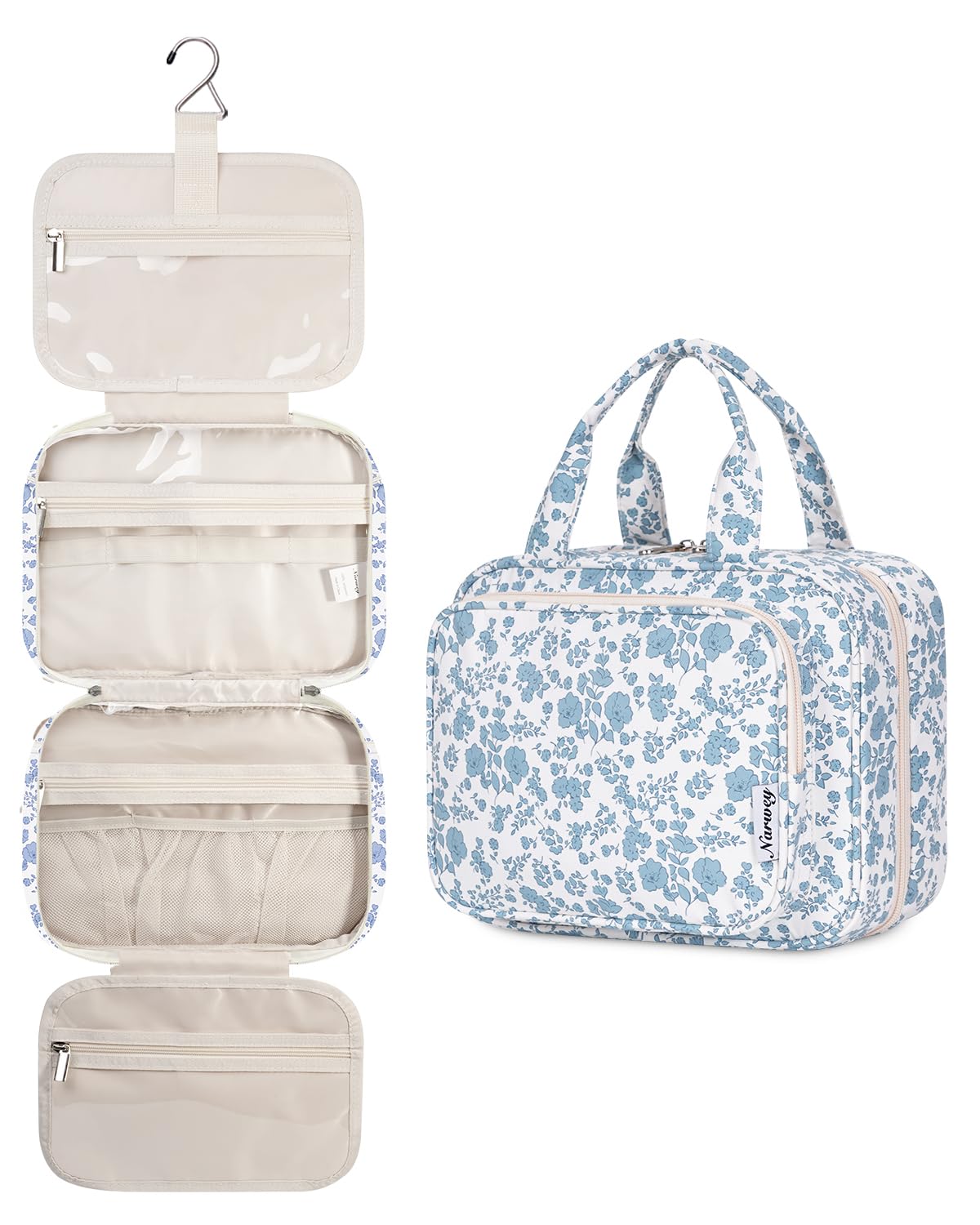 Narwey Hanging Floral Toiletry Bag front view with blue flower design