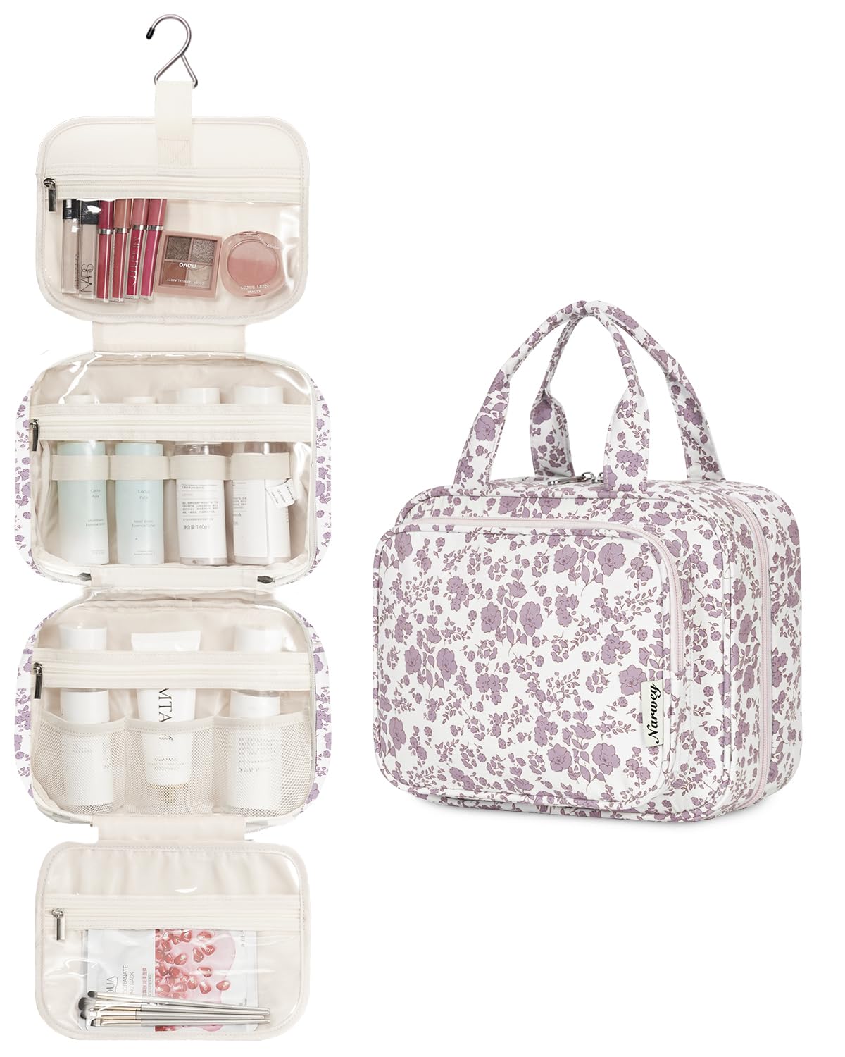 Narwey Hanging Floral Toiletry Bag open showing compartments