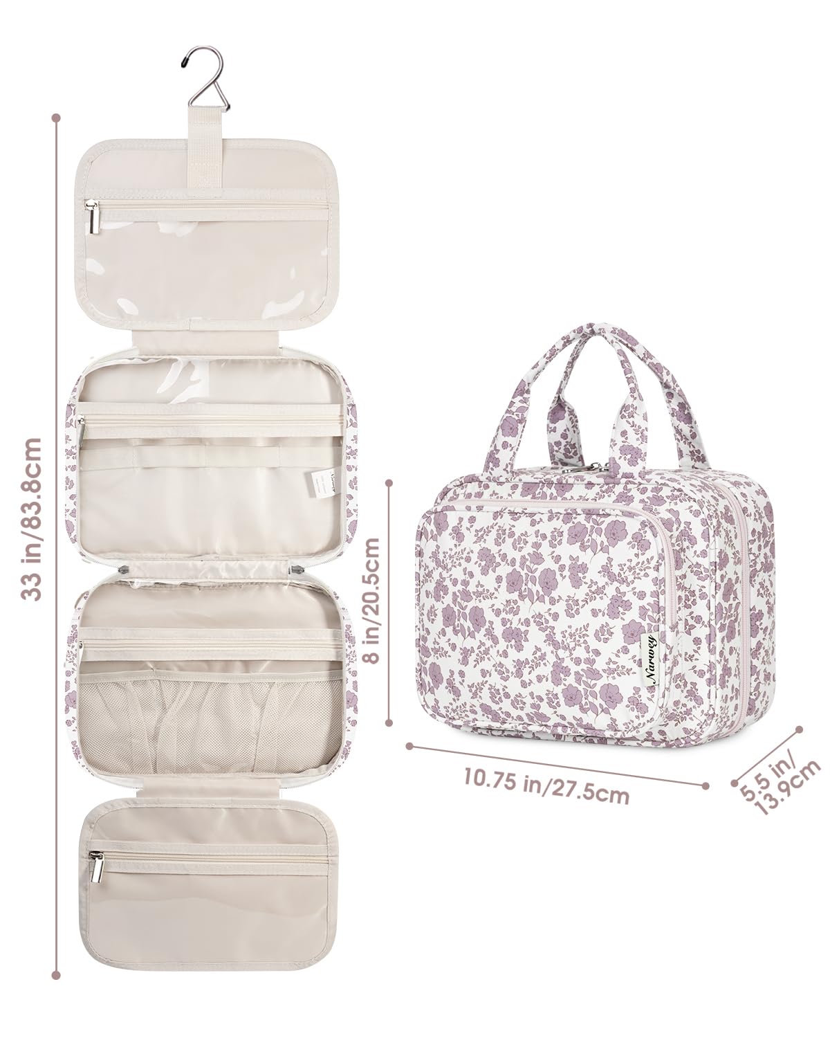 Narwey Hanging Floral Toiletry Bag showing metal hook