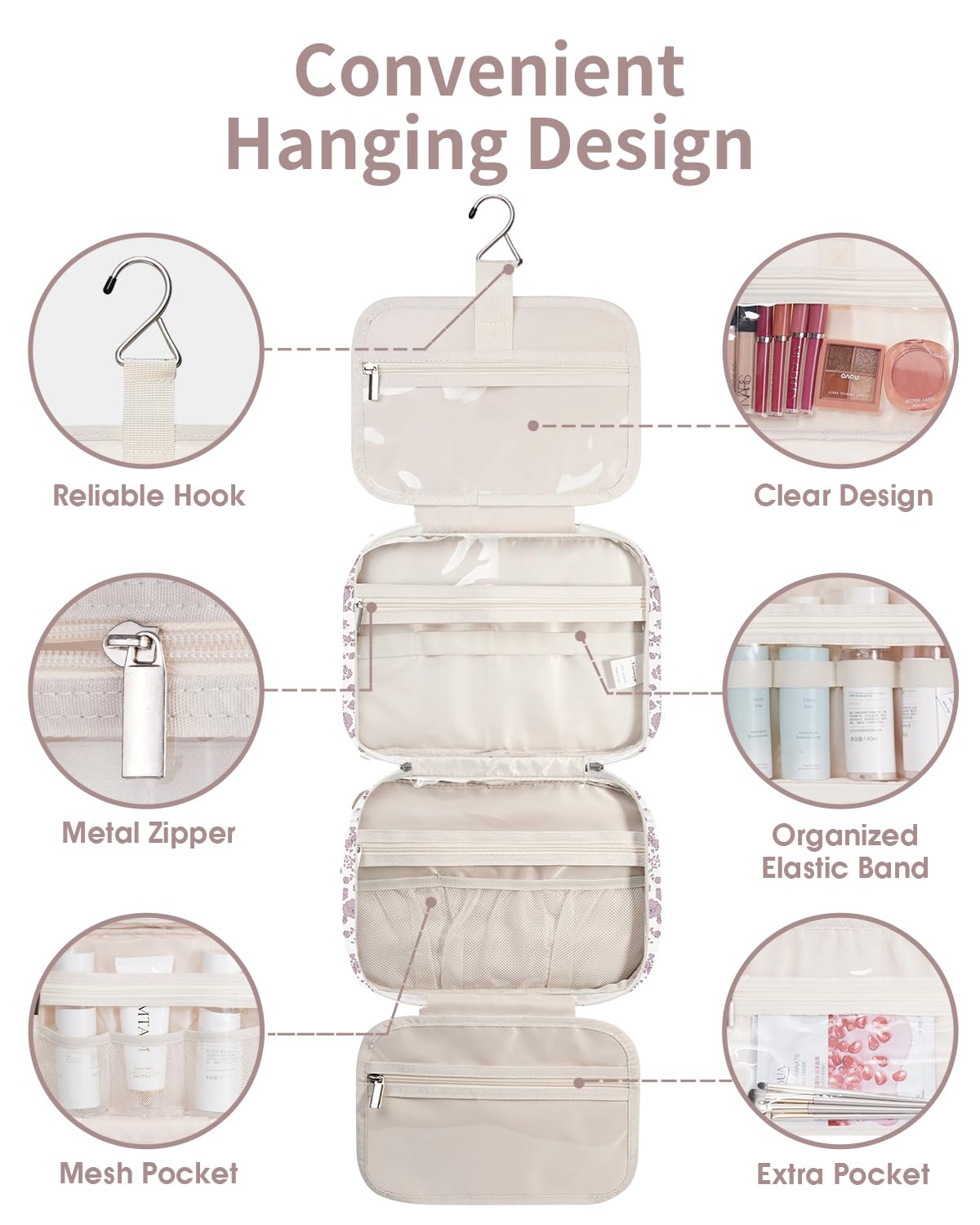 Narwey Hanging Floral Toiletry Bag side view with zippers