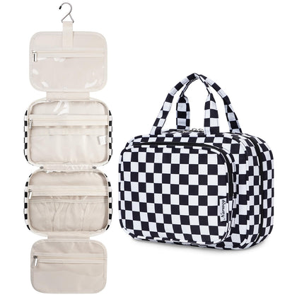 Narwey Hanging Toiletry Bag front view in black checkerboard