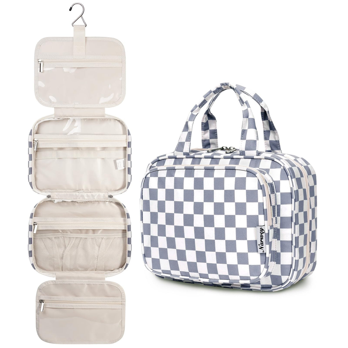 Narwey Hanging Toiletry Bag front view in grayish blue checkerboard
