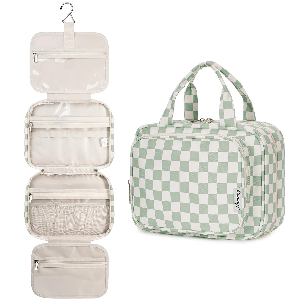 Narwey Hanging Toiletry Bag front view in Green Checkerboard