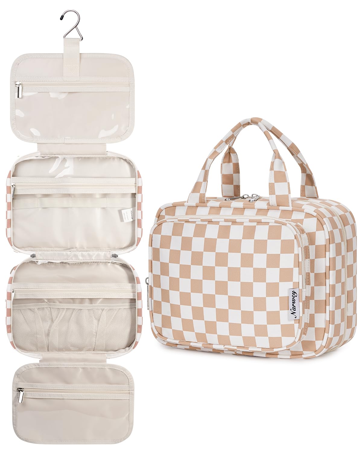 Narwey Hanging Toiletry Bag front view in light checkerboard
