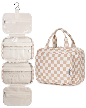 Narwey Hanging Toiletry Bag front view in light checkerboard