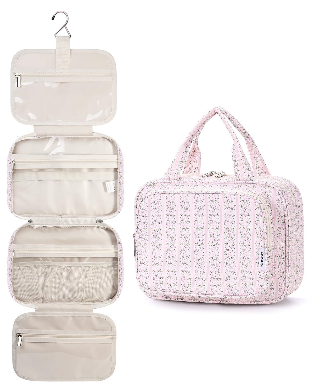 Narwey Hanging Toiletry Bag front view in Pink Flower Buds