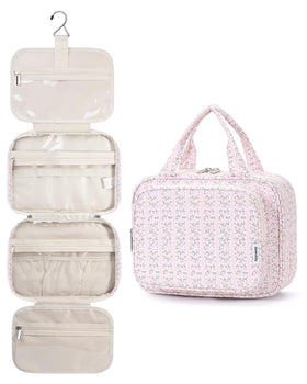 Narwey Hanging Toiletry Bag front view in Pink Flower Buds