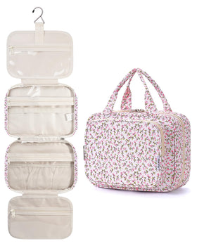Narwey Hanging Toiletry Bag front view in pink flower design