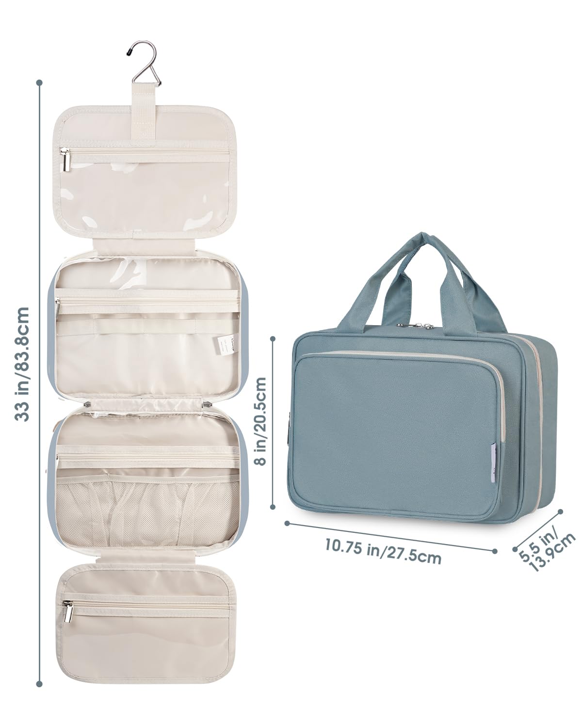 Narwey Hanging Toiletry Bag greyish blue displayed on a bathroom counter