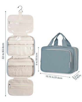 Narwey Hanging Toiletry Bag greyish blue displayed on a bathroom counter