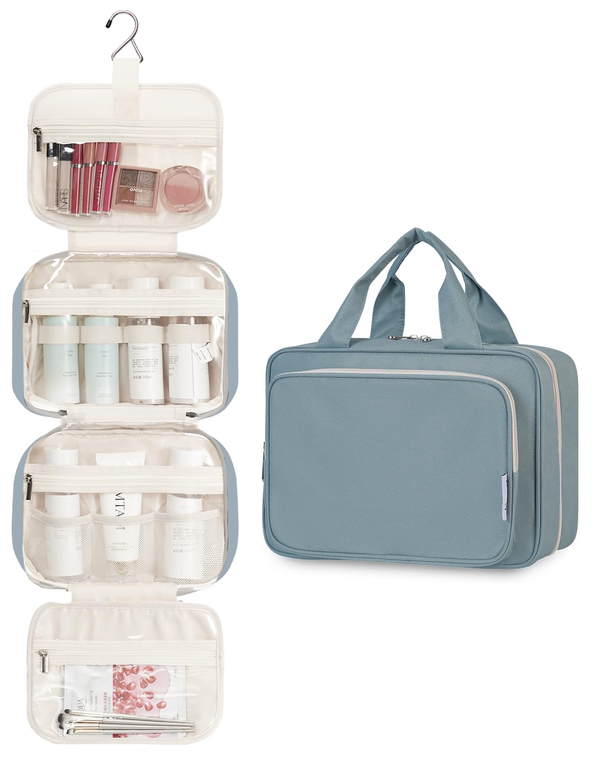 Narwey Hanging Toiletry Bag greyish blue showing multiple storage compartments
