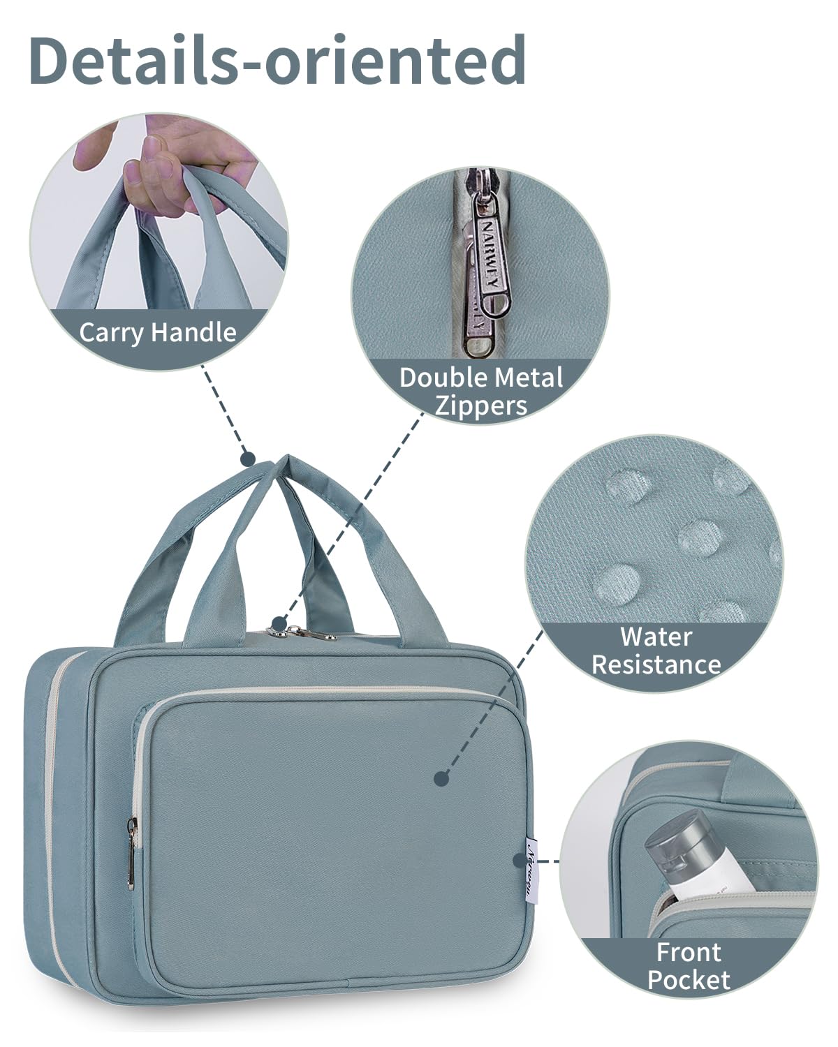Narwey Hanging Toiletry Bag greyish blue with travel-size toiletries inside