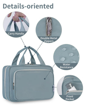 Narwey Hanging Toiletry Bag greyish blue with travel-size toiletries inside