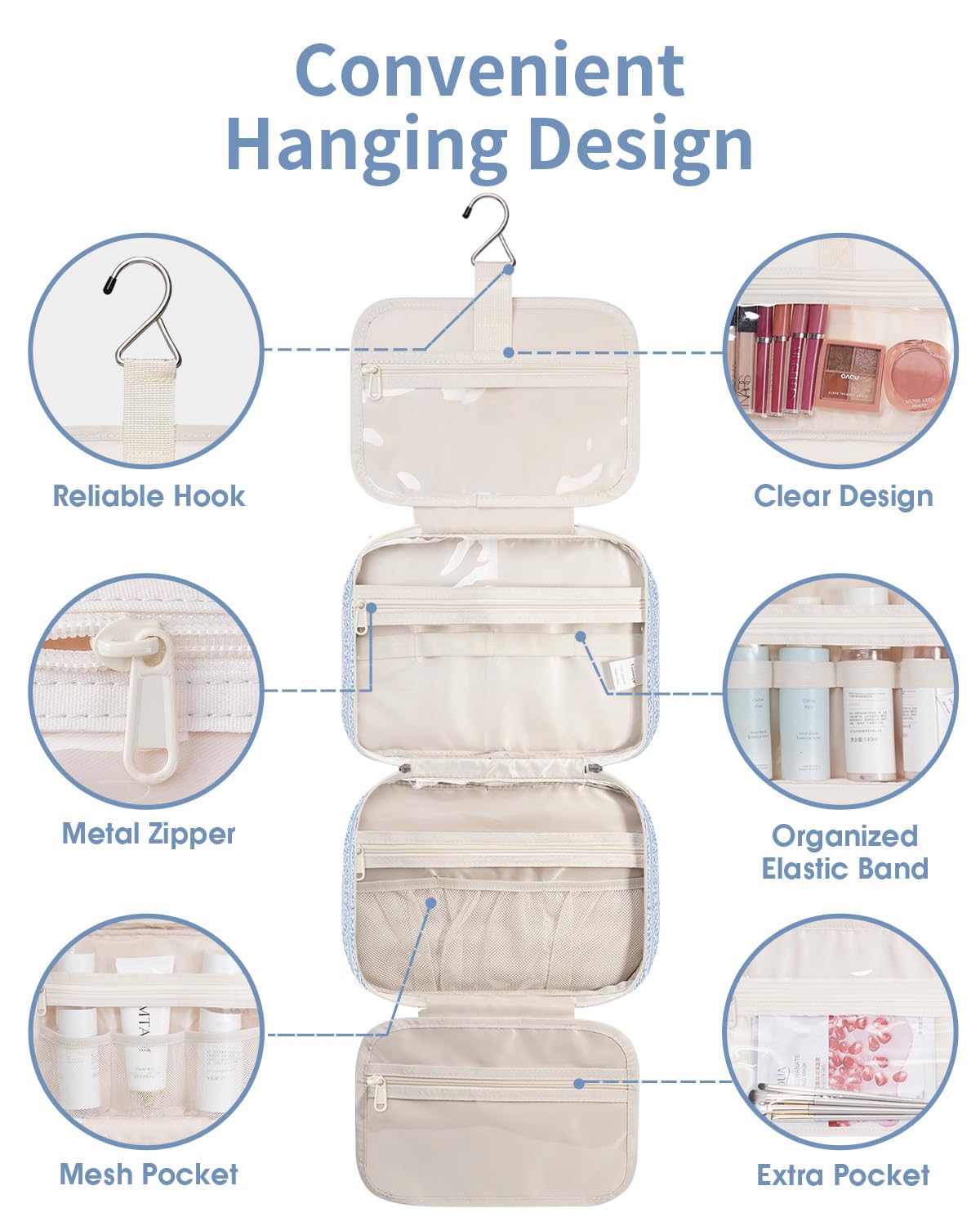 Narwey Hanging Toiletry Bag hanging from a towel rack