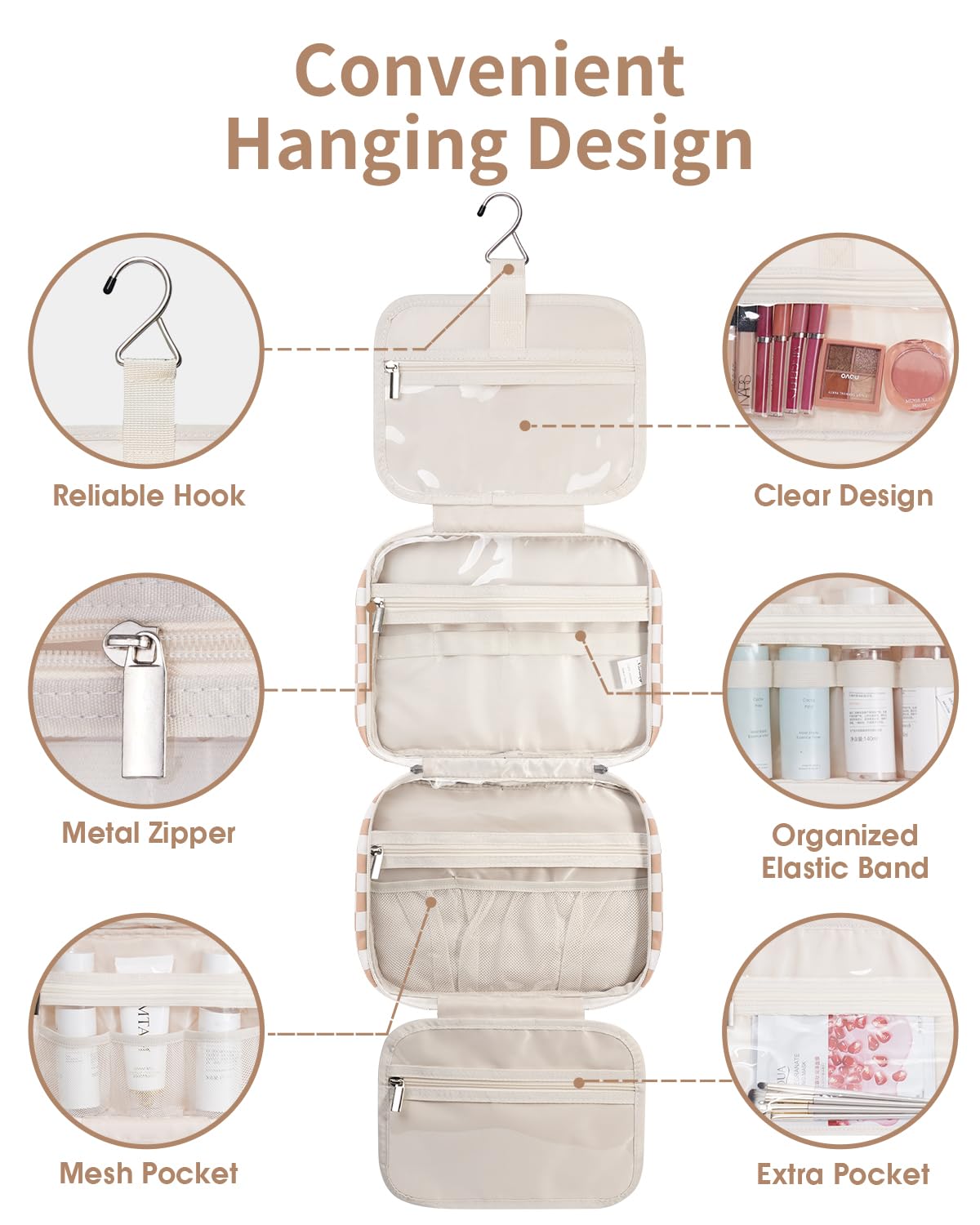 Narwey Hanging Toiletry Bag hanging on a hook with toiletries inside