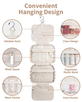 Narwey Hanging Toiletry Bag hanging on a hook with toiletries inside
