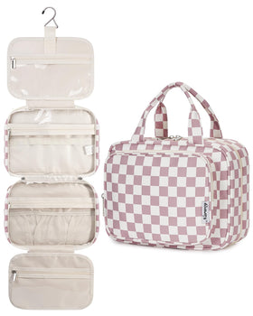 Narwey Hanging Toiletry Bag in dusty pink checkerboard front view